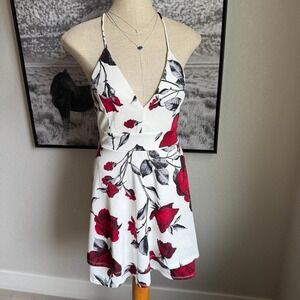 IRIS Floral Halter Dress White Red Rose Print Party Cocktail Dress L